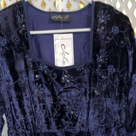 Lola P. Midnight indigo velvet vintage gown flared bottom formal dress prom wedd - Picture 3 of 6